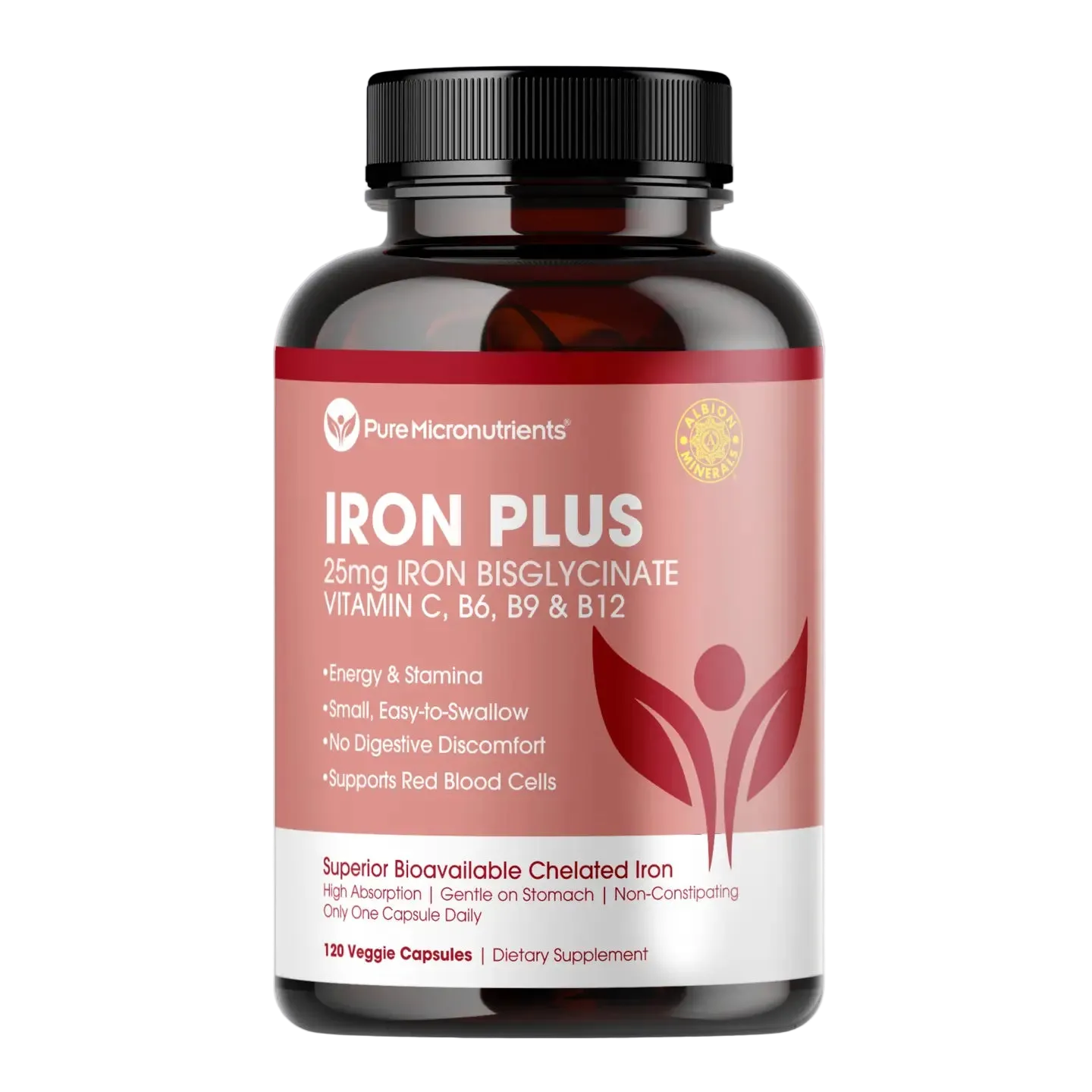 Supplement bottle labeled 'Iron Plus' by Pure Micronutrients