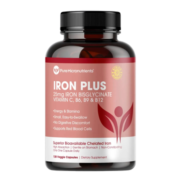 Supplement bottle labeled 'Iron Plus' by Pure Micronutrients
