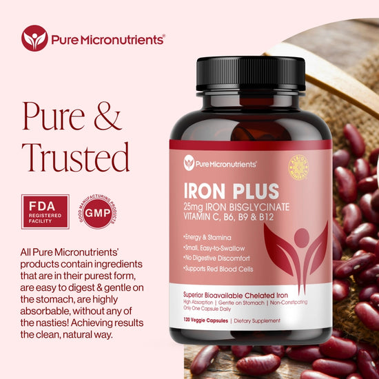 Iron supplement bottle with red beans on a light pink background, featuring Pure Micronutrients branding. All pure micronutrient products contain ingredients that are in their purest form, are easy to digest & gentle on the stomach, are highly absorbable, without any nasties! Achieving results the clean, natural way. 