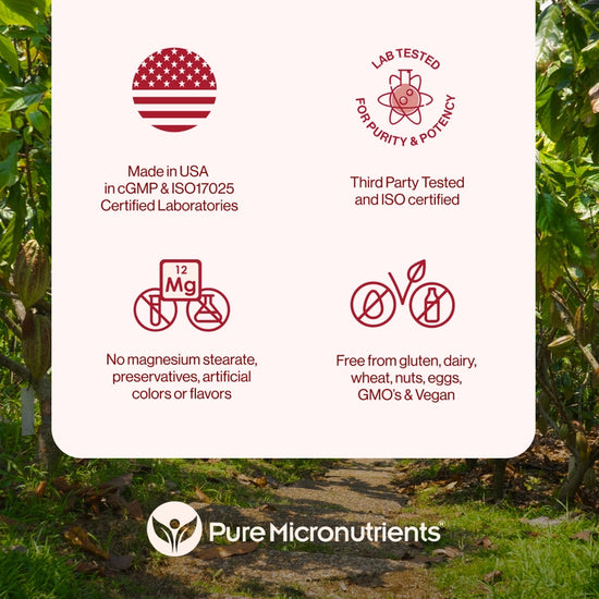 Promotional graphic for Pure Micronutrients with certification logos and text on a natural background.