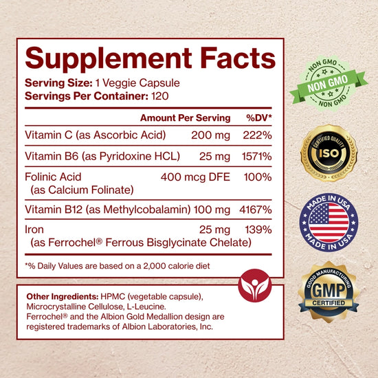 Supplement facts label with various certifications on a beige background