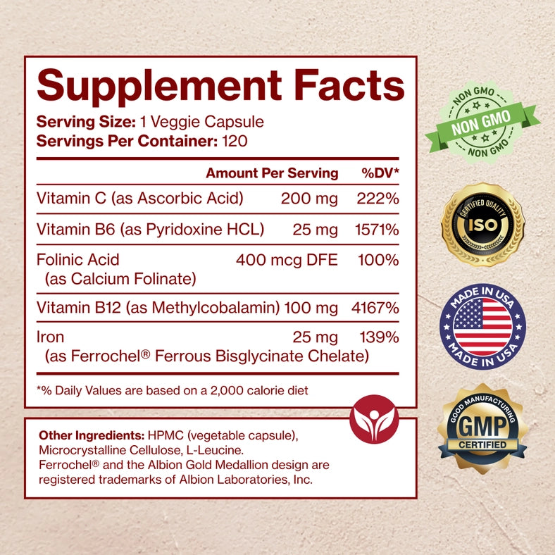 Supplement facts label with various certifications on a beige background
