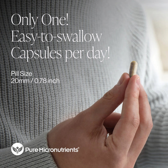 Hand holding a pill with promotional text about easy-to-swallow capsules and Pure Micronutrients branding. Capsules per day!