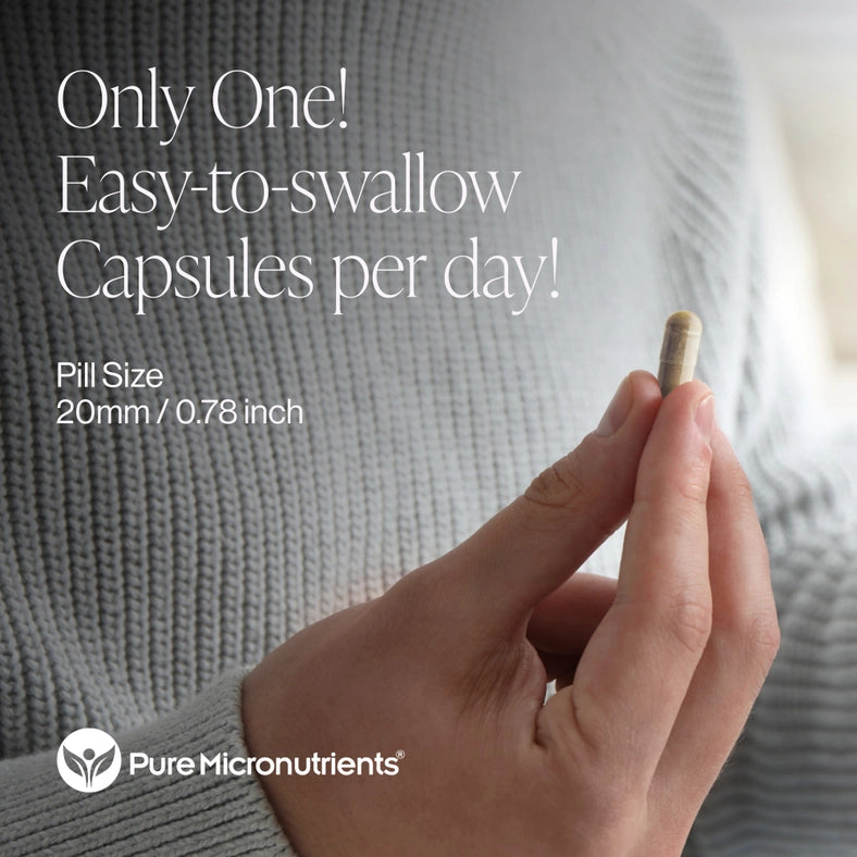 Hand holding a pill with promotional text about easy-to-swallow capsules and Pure Micronutrients branding. Capsules per day!