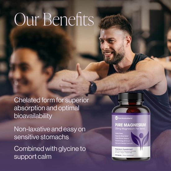 Man exercising with a supplement bottle labeled 'Pure Magnesium' in the foreground. Chelated form for superior absorption and optimal bioavailability. Non-laxative and easy on sensitive stomachs. Combined with glycine to support calm. 