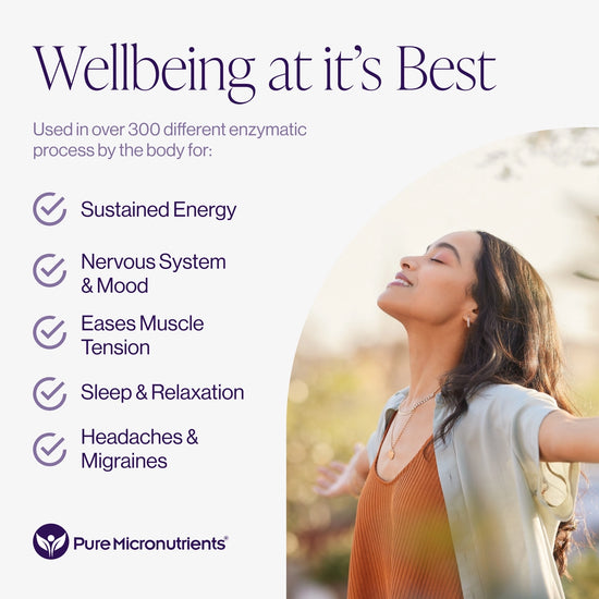 Advertisement for Pure Micronutrients with a woman outdoors and text about wellbeing benefits. Sustained energy. Nervous system & mood. Eases muscle tension. Sleep & relaxation. Headache & migraines.