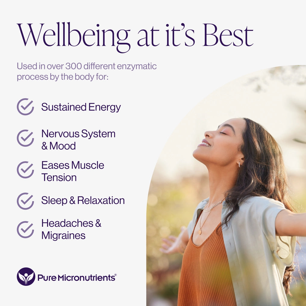 Advertisement for Pure Micronutrients with a woman outdoors and text about wellbeing benefits. Sustained energy. Nervous system & mood. Eases muscle tension. Sleep & relaxation. Headache & migraines.