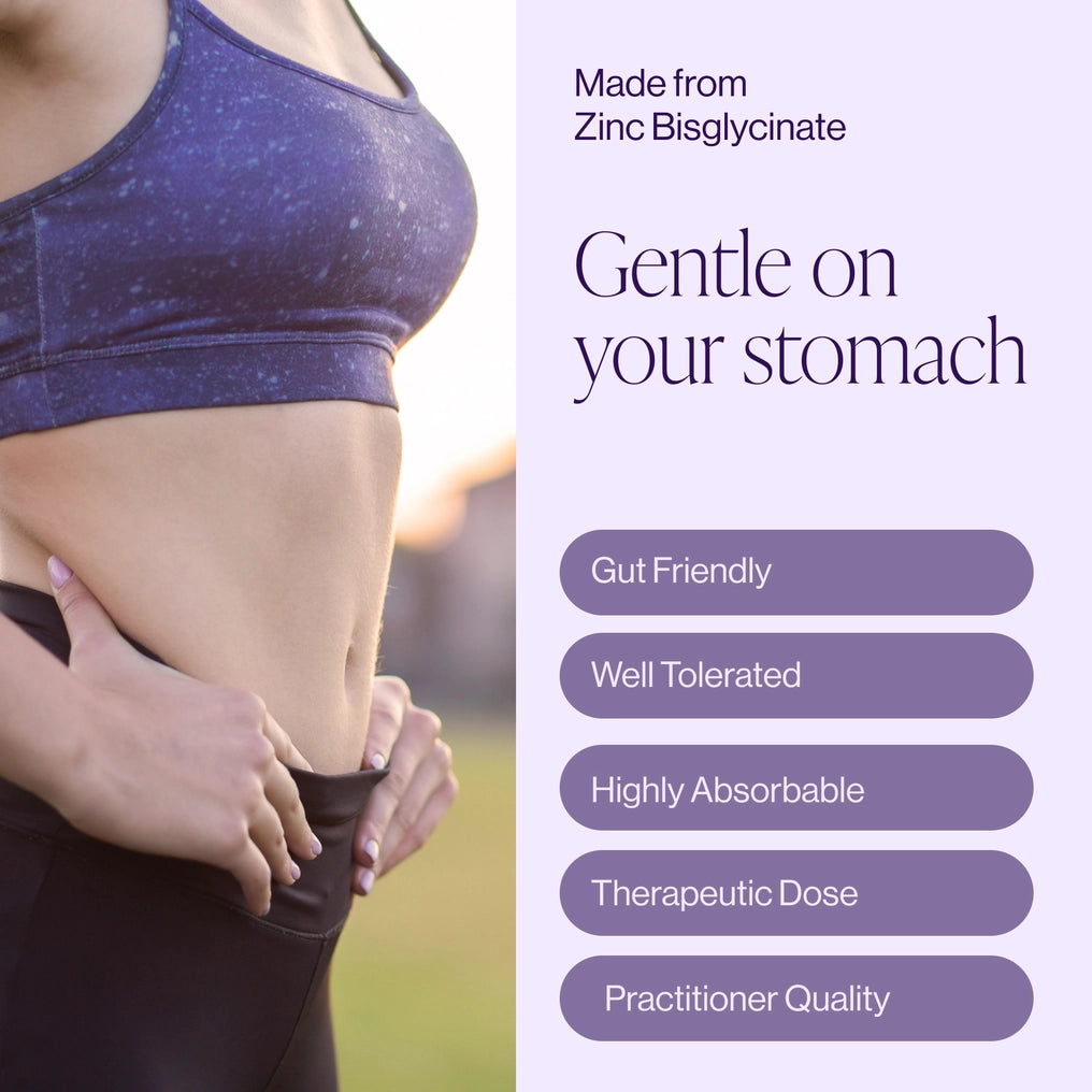 Person wearing a blue sports bra with text about zinc bisglycinate and its benefits. Made from Zinc bisglycinate. Gentle on your stomach. Gut friendly. Well tolerated. Highly absorbable. Therapeutic dose. practitioner quality. 