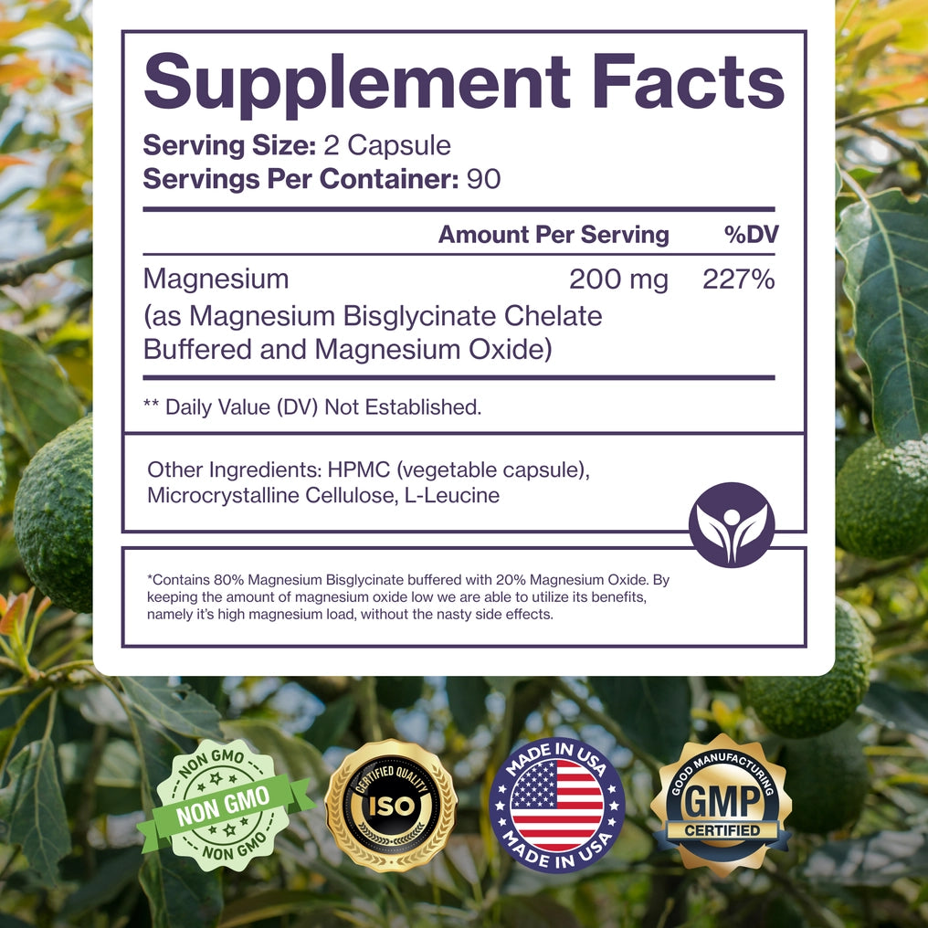 Supplement facts label with green leaves in the background