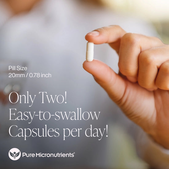 Hand holding a pill with promotional text about capsules from Pure Micronutrients. Saying Only two! Easy to swallow. Capsules per day.