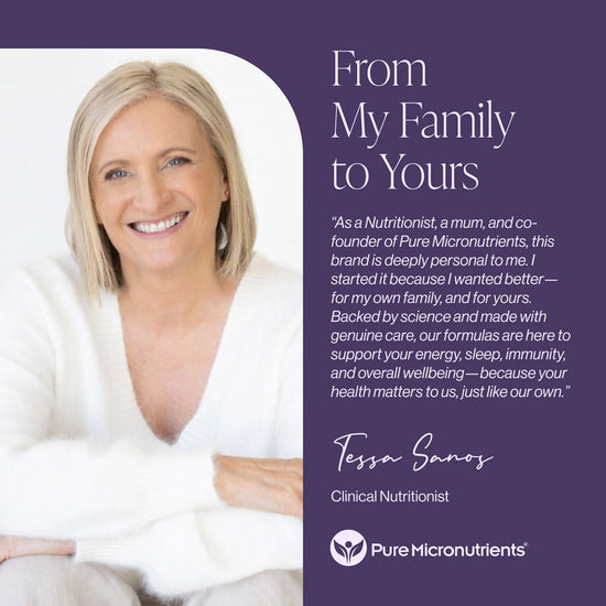 Woman with blonde hair and a white top on a purple background with text about Pure Micronutrients.
