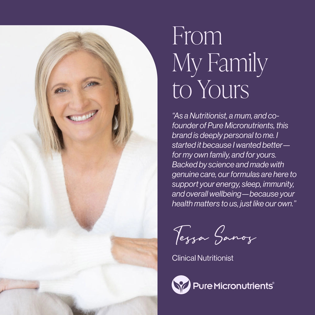 Woman with blonde hair and a white top on a purple background with text about Pure Micronutrients.