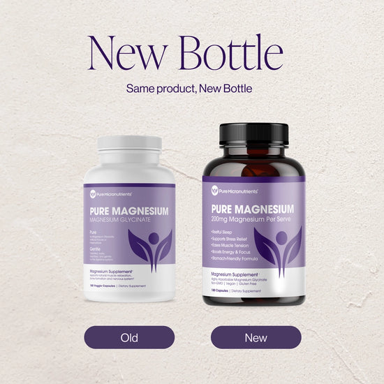 Two bottles of Pure Magnesium supplement, one old and one new, on a light gray background.
