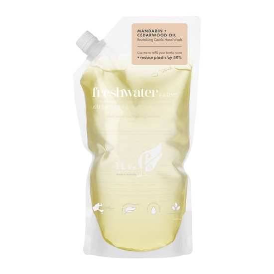 Mandarin and Cedarwood Refillable 1L hand wash container with 'freshwater' 