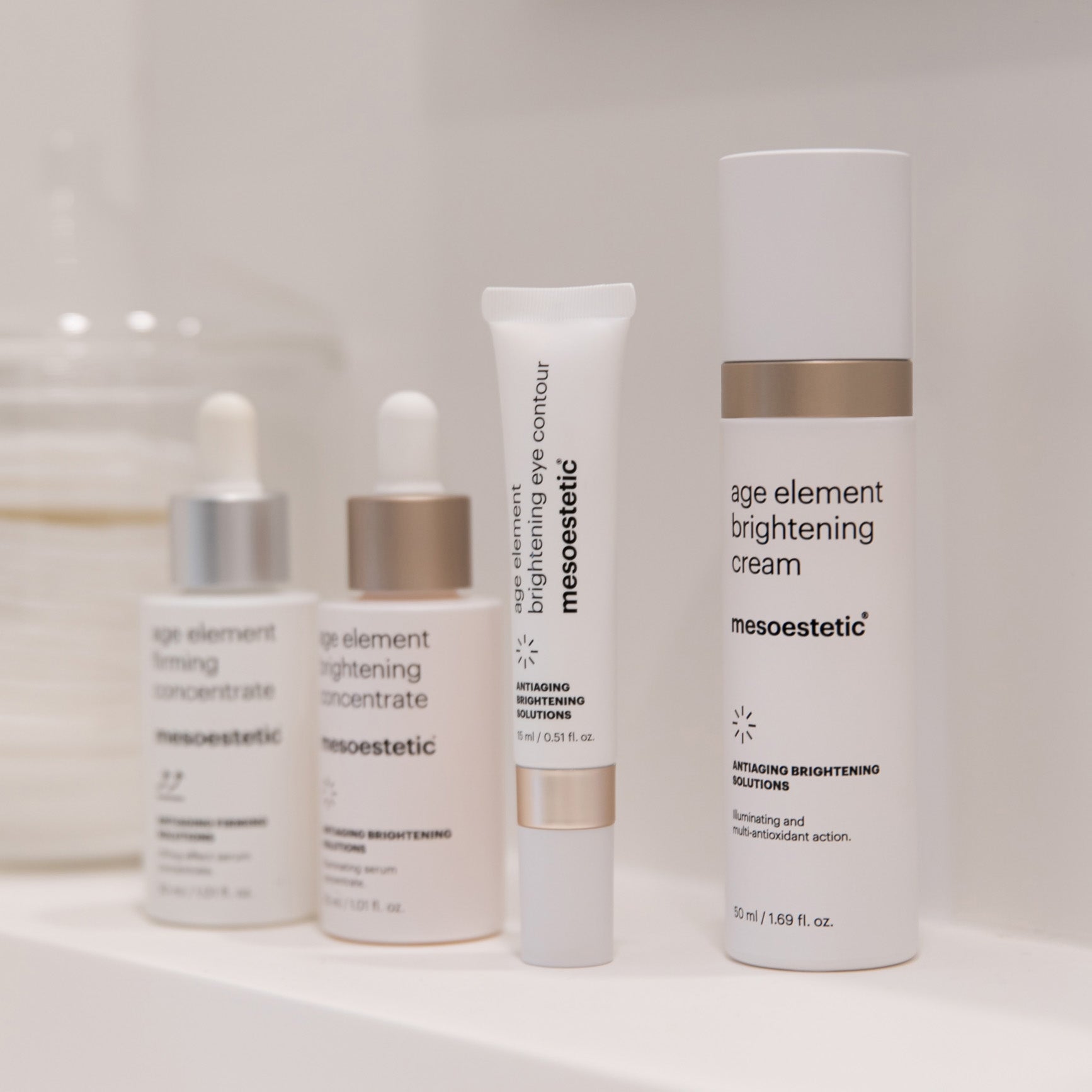 Set of Mesoestetic skincare products on a white surface