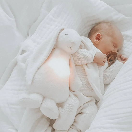 Baby sleeping with a plush toy and blanket in a soft, neutral-toned setting
