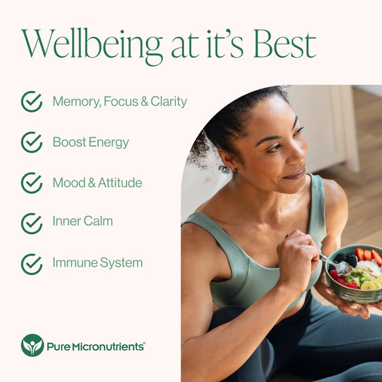 Woman holding a bowl of food with text about wellbeing and Pure Micronutrients branding. Memory, focus & clarity. Boost energy. Mood & attitude. Inner calm. Immune system.