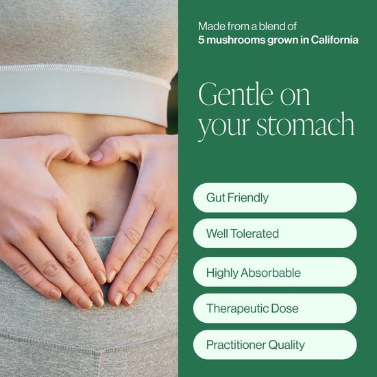 Advertisement showing hands forming a heart over a stomach with text about mushroom products. Gut friendly. Well tolerated. Highly absorbable. Therapeutic dose. Practitioner Quality.