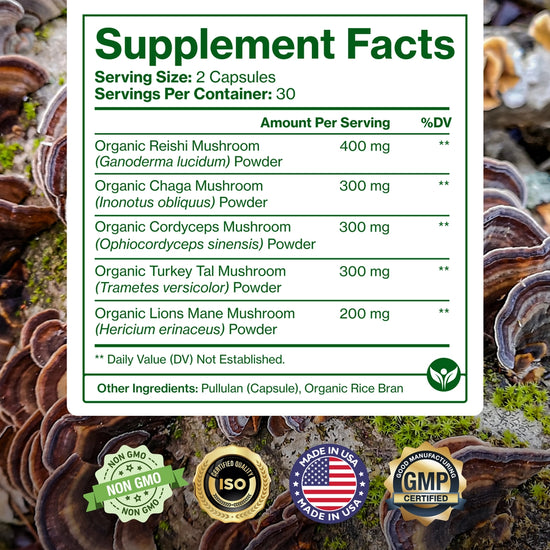 Supplement facts label with mushroom powders on a natural background