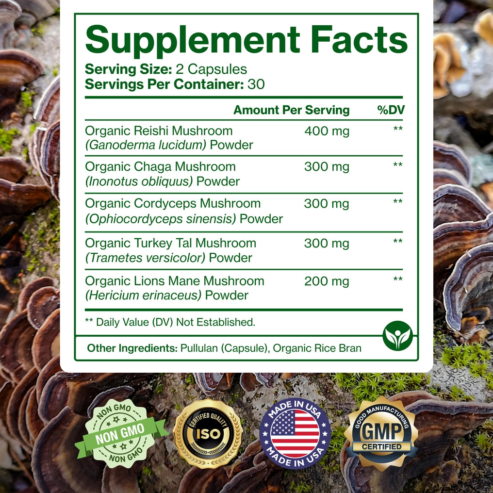 Supplement facts label with mushroom powders on a natural background