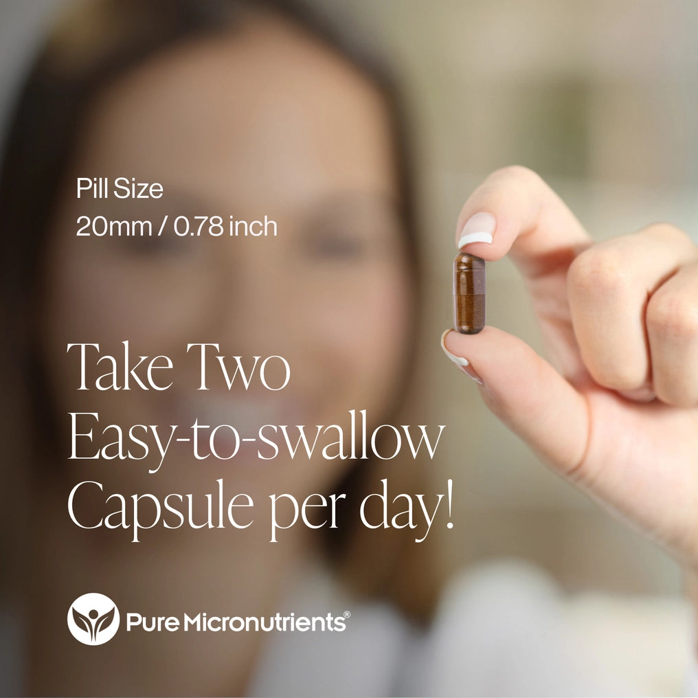 Person holding a capsule with text about pill size and daily intake, branded as Pure Micronutrients. Easy to swallow.