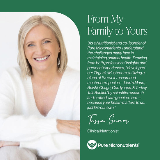 Woman with blonde hair and a white shirt on a green background with text about Pure Micronutrients.