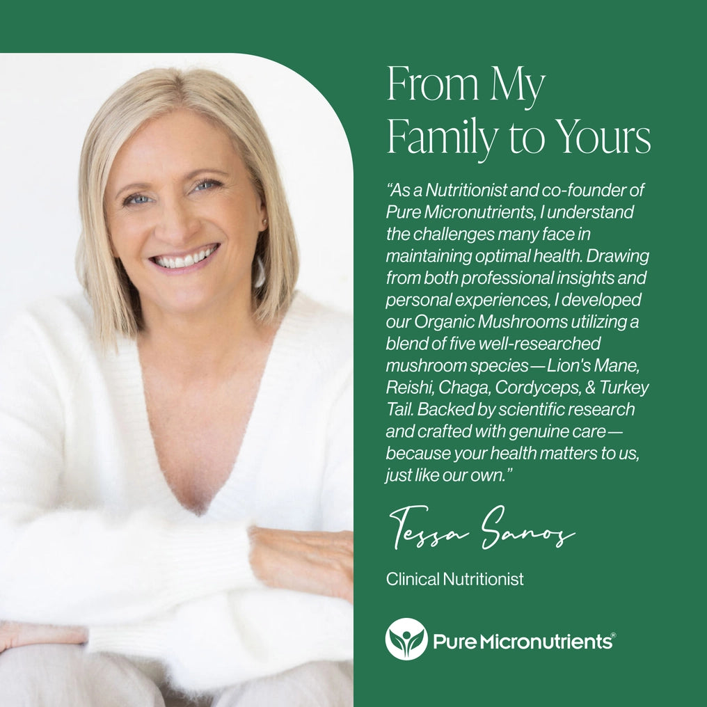 Woman with blonde hair and a white shirt on a green background with text about Pure Micronutrients.