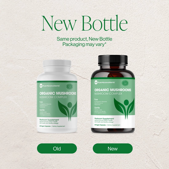 Two bottles of Organic Mushrooms supplement, one labeled 'Old' and the other 'New', on a light gray background.