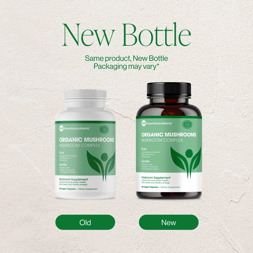 Two bottles of Organic Mushrooms supplement, one labeled 'Old' and the other 'New', on a light gray background.