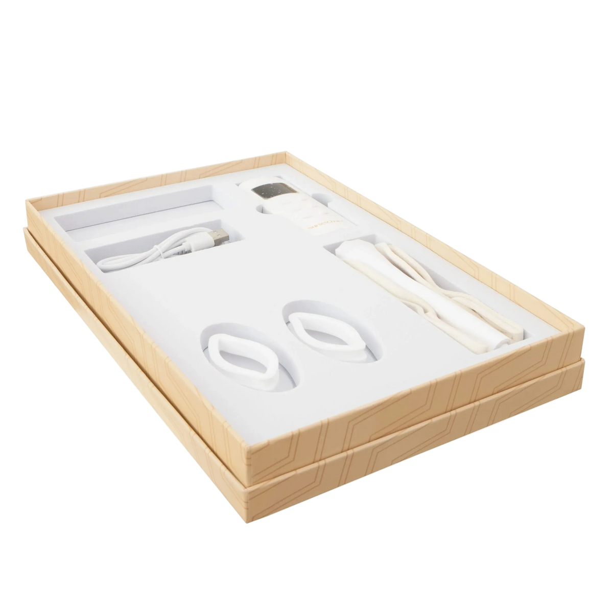 Set of white electronic devices in a cardboard box for led mask