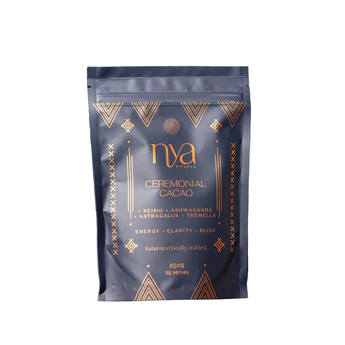 Nya Ceremonial Cacao package on a dark surface 250g