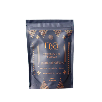 Nya Ceremonial Cacao package on a dark surface 250g