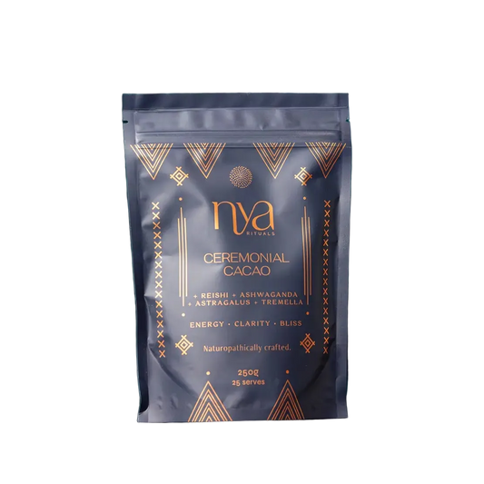 Nya Ceremonial Cacao package on a dark surface 250g