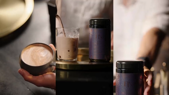 Collage of coffee-related items including a cup, container, and latte art. For cocoa nya.