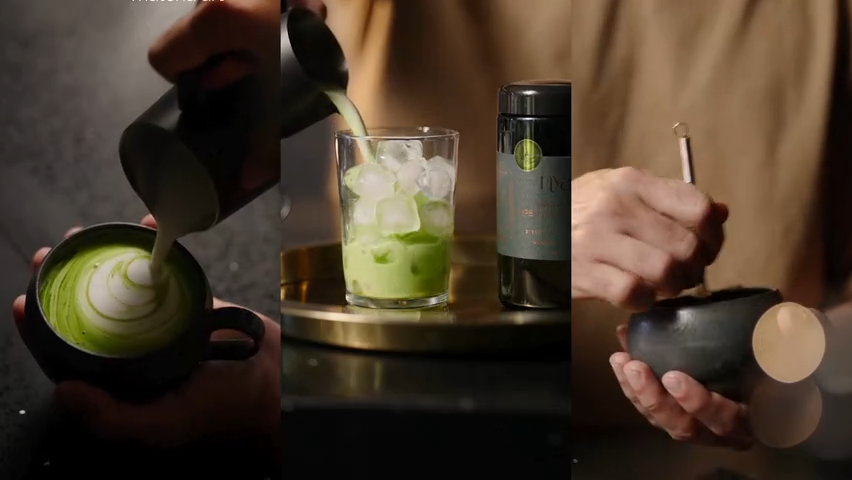 Person pouring green m matcha liquid into a cup with ice, surrounded by matcha-related items.