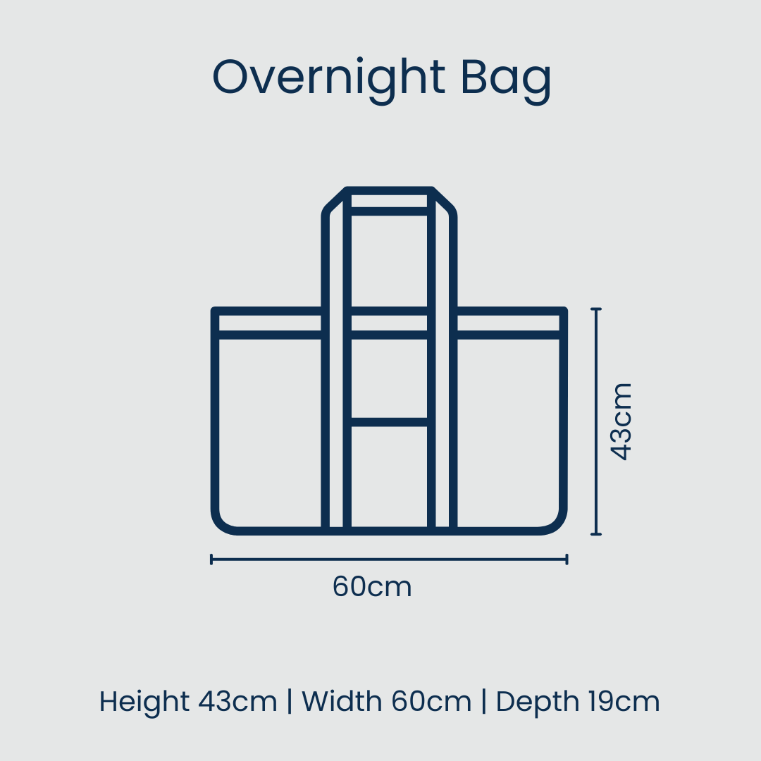 Outline of an overnight bag with dimensions on a light gray background