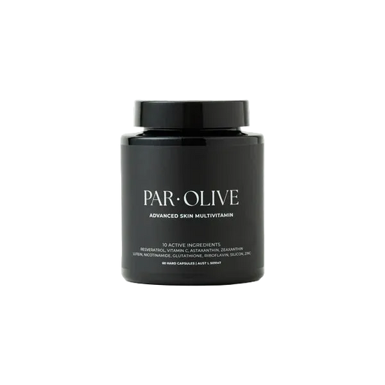 Black container with Par Olive Advanced Skin Multivitamin 10 Active Ingredients