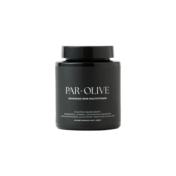 Black container with Par Olive Advanced Skin Multivitamin 10 Active Ingredients