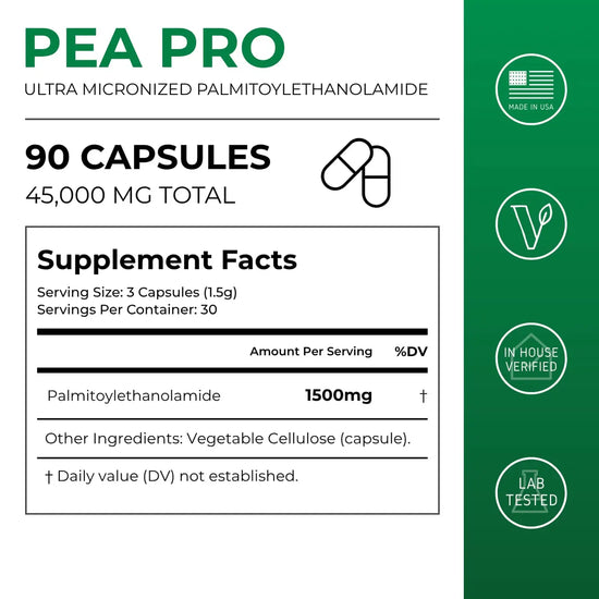 Supplement label for Pea Pro capsules with green and white design.