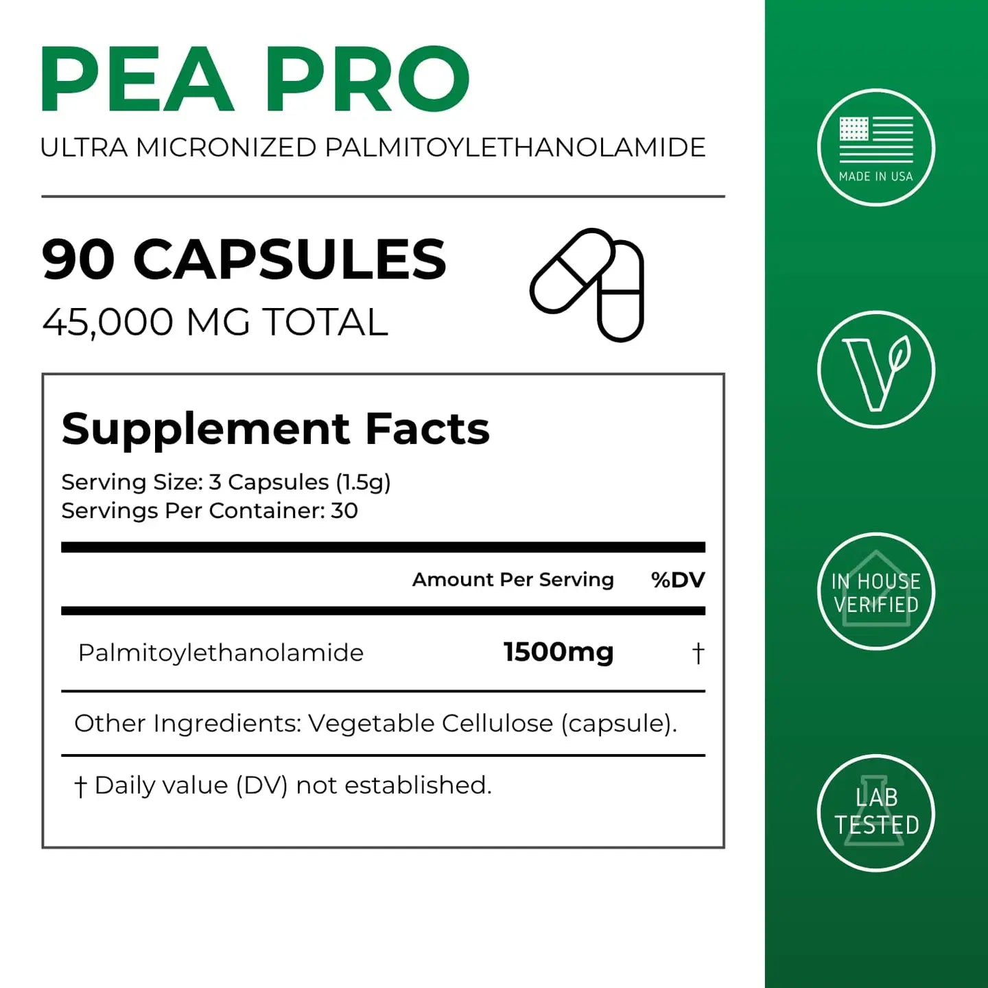 Supplement label for Pea Pro capsules with green and white design.