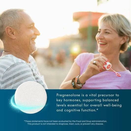 Man and woman sitting together with a product labeled 'Pregnenolone' in the foreground. Pregnenolone is vital precursor to key hormones, supporting balanced levels essential for overall well-being and cognitive function