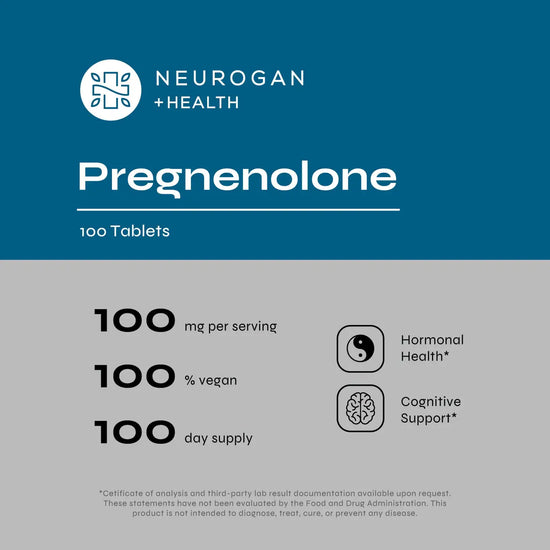 Neurogan Health pregnenolone supplement packaging with product details on a blue and gray background. 100mg per serving. 100% vegan. 100 day supply. Hormonal health. cognitive support.
