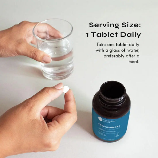 Hand holding a pill, glass of water, and bottle labeled 'Pregnenolone' with text on serving size.
