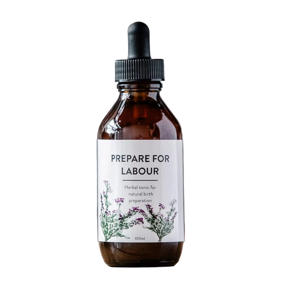Bottle of 'Prepare for Labour' herbal tonic with dropper on a white background.