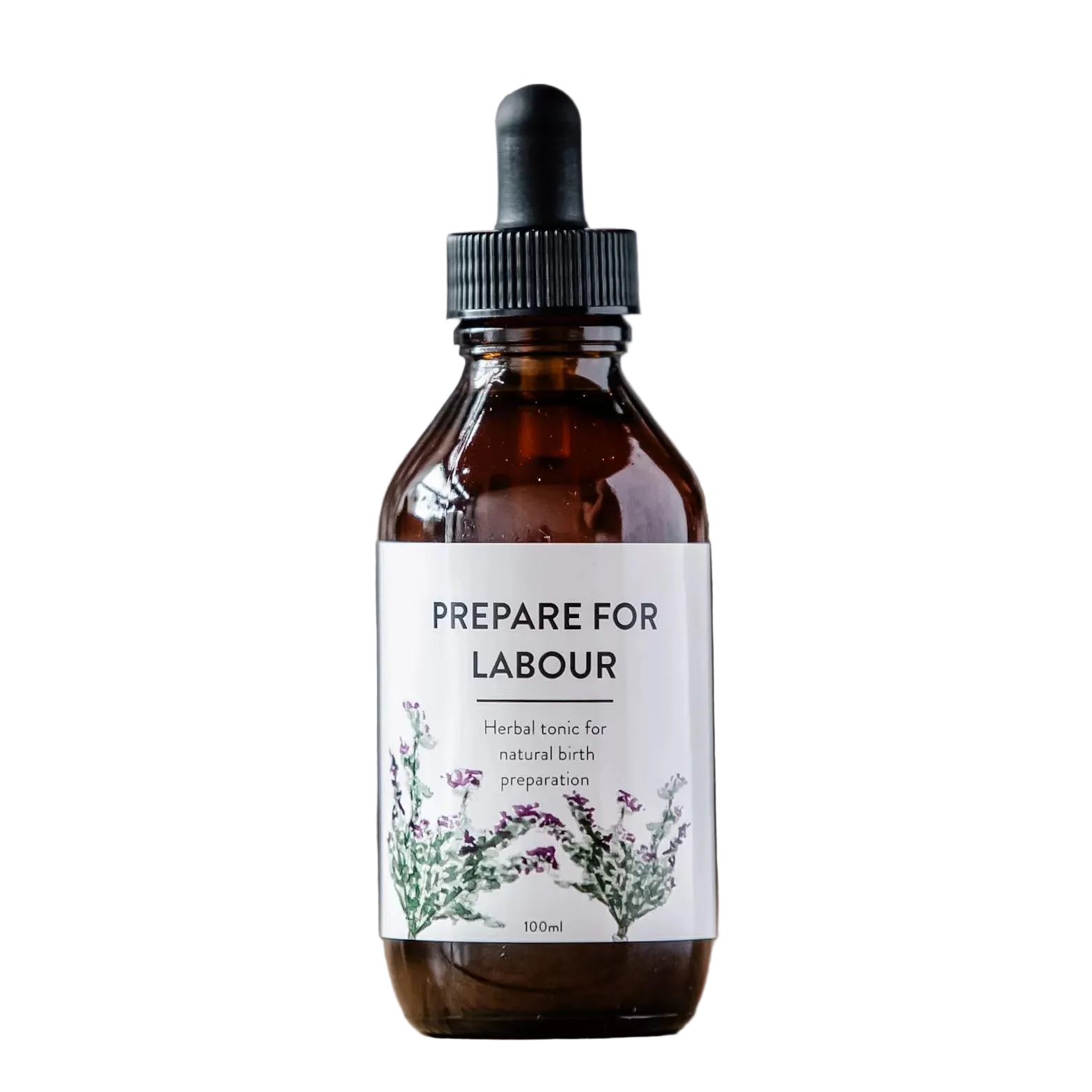 Bottle of 'Prepare for Labour' herbal tonic with dropper on a white background.