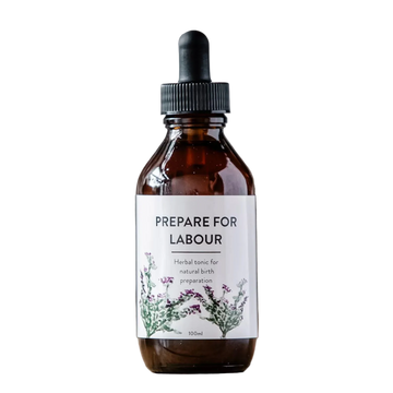 Bottle of 'Prepare for Labour' herbal tonic with dropper on a white background.