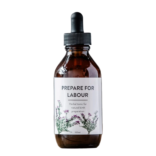 Bottle of 'Prepare for Labour' herbal tonic with dropper on a white background.