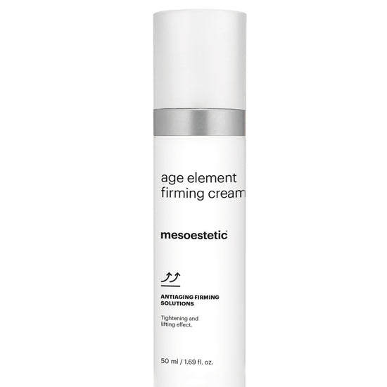Skincare bottle labeled 'age element firming cream' by mesoestetic on a white background