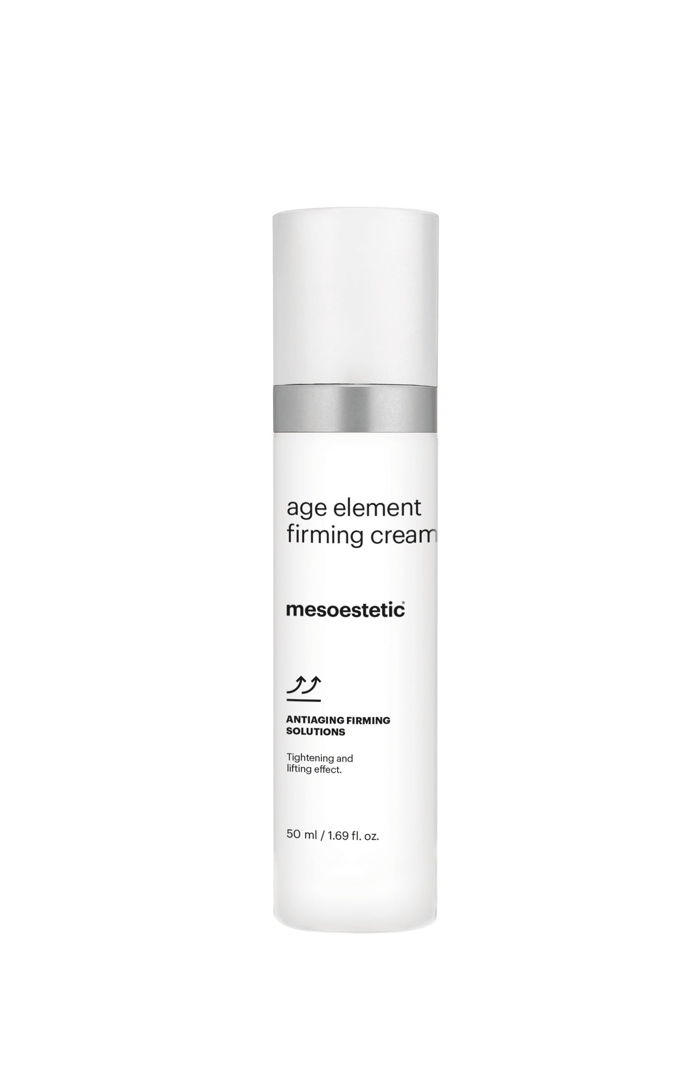 Skincare bottle labeled 'age element firming cream' by mesoestetic on a white background