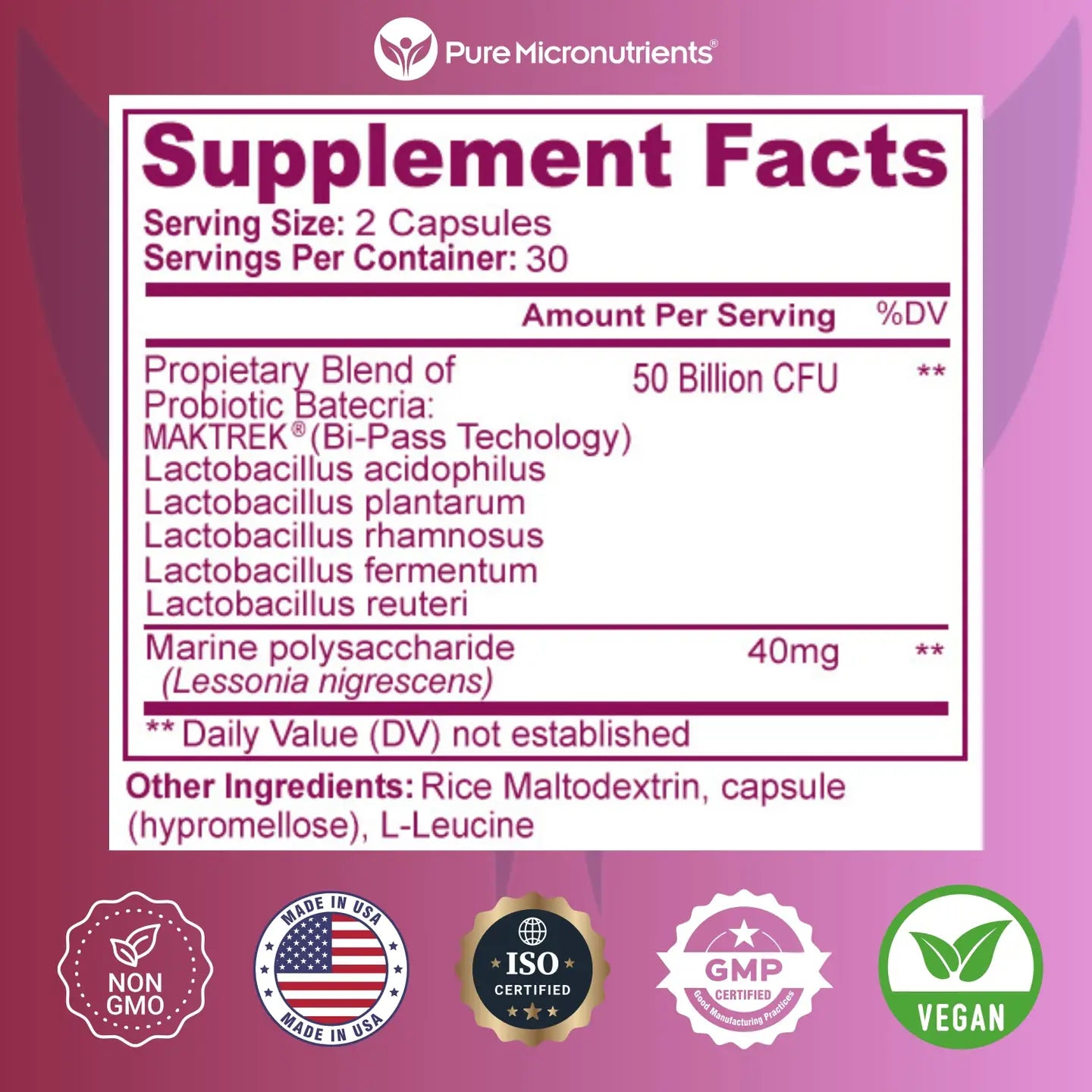 Supplement facts label for Pure Micronutrients on a purple background